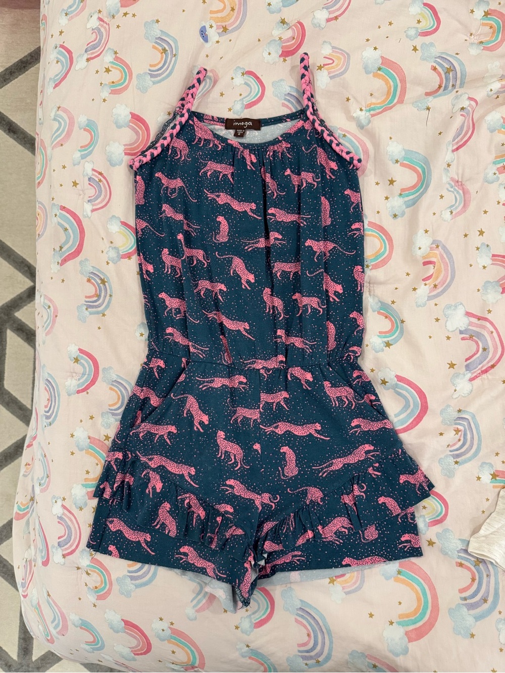 Imoga Dark Green Girls  Romper with Pink Cheetah Print